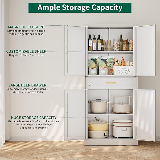 CJF White Kitchen Pantry Cabinet,71 Inch Tall Metal Storage Cabinet with Adjustable Shelves and 1 Drawer, Freestanding Pantry Cabinet for Kitchen, Living Room, Dining Room, Bathroom, Easy to Assemble