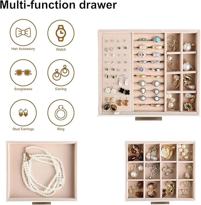 Frebeauty Clear Lid Jewelry Box,3-Layer Jewelry Organizer with Drawer,PU Leather Jewelry Organizers and Storage,Jewelry Boxes for Women,Jewelry Storage for Rings Earring Stud,Gift for Women(Beige)