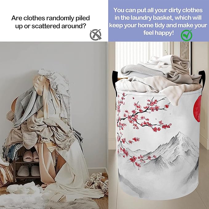 Japan Fuji Mountain Laundry Basket, Cherry Oxford Cloth Laundry Hamper With Handle Foldable Portable Clothes Storage Basket Storage Bag For Laundry Room/Bathroom/Bedroom/Dormitories