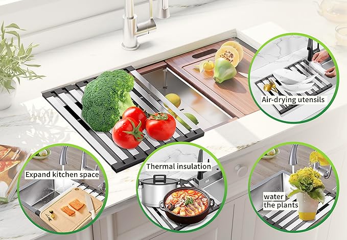 Miao Steward Over The Sink Kitchen Dish Drying Rack Organizer - Stainless Steel Collapsible Non-Slip Space-Saving [16.54 * 12.8IN] - Rust-Resistant Heat-Resistant Sturdy - Easy to Clean