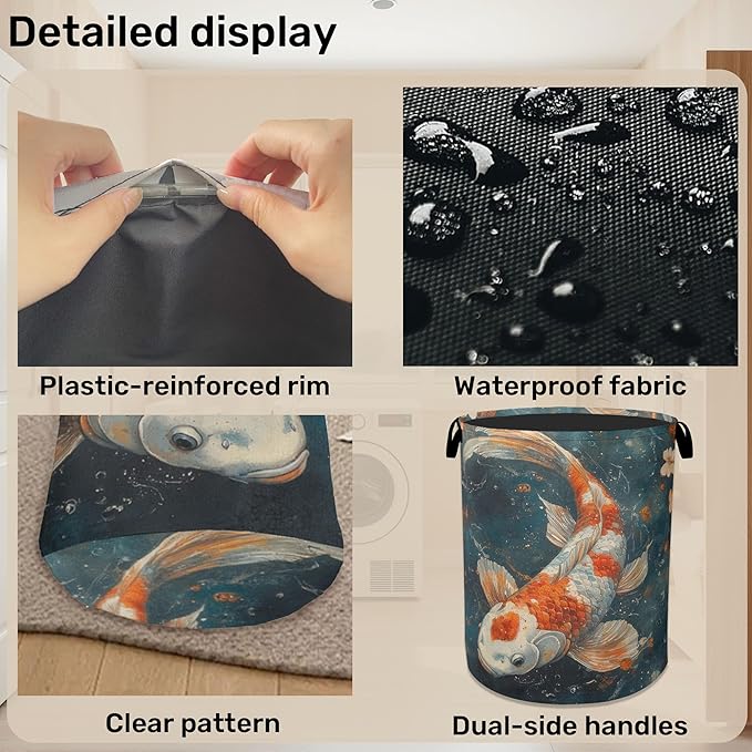 Japanese Style Fish Laundry Basket - Heavy Duty 60L Dirty Clothes Organizer, Water Resistant Foldable Hamper for Men Women