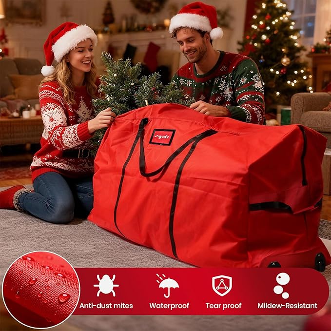 GVDV Rolling Christmas Tree Storage Bag Fits 7.5 Ft Artificial Trees, 600D Oxford Waterproof Heavy Duty Canvas, Large Holiday Xmas Box Container with Wheels, Reinforced Handles & ID Slot, Red