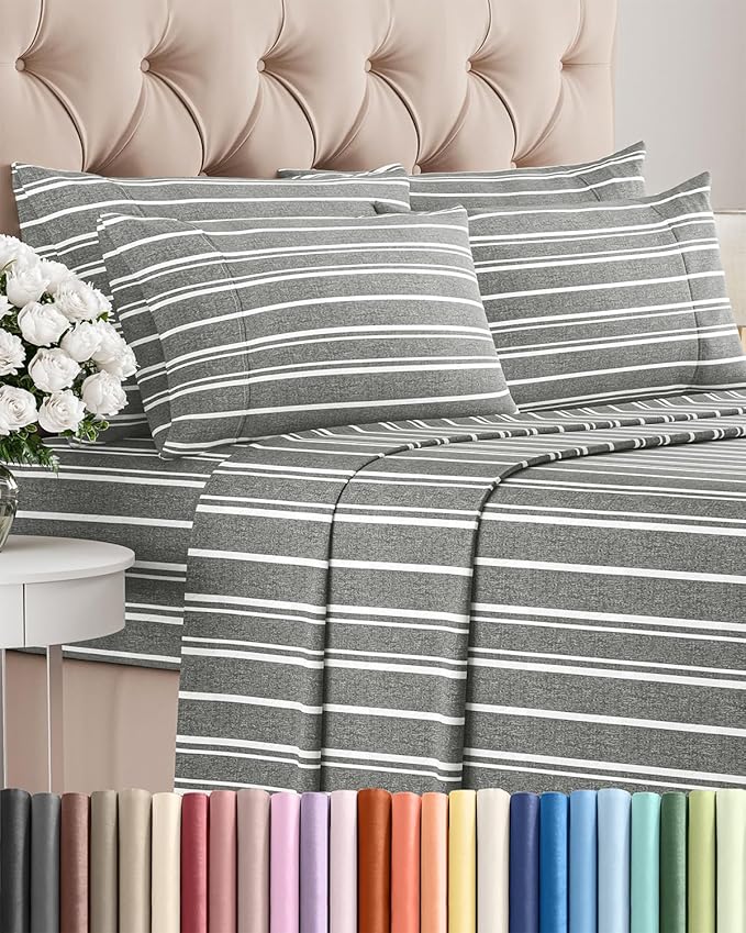 Queen 6 Piece Sheet Set - Comfy Breathable & Cooling - Soft Hotel Luxury Bedding Set with 8-16 Inch Deep Pockets - 1 Flat & 1 Fitted Sheet & 4 Pillowcases - Wrinkle Free & Easy Care - Grey Stripes 3