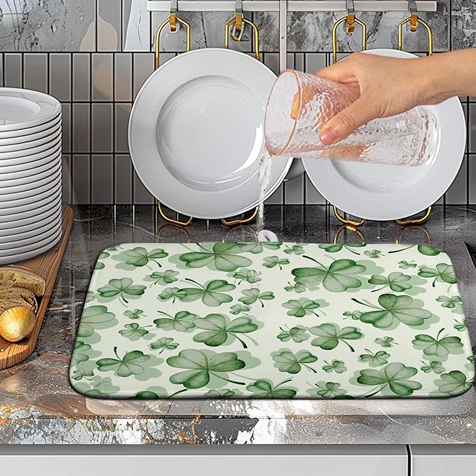 St Patrick's Day Clover Dish Drying Mat for Kitchen Counter Green Lucky Shamrock Microfiber Dish Drainer Mat St. Patrick's Day Absorbent Reversible Drying Pad Spring Sage Leaf Dish Rack Mat 16x18 In