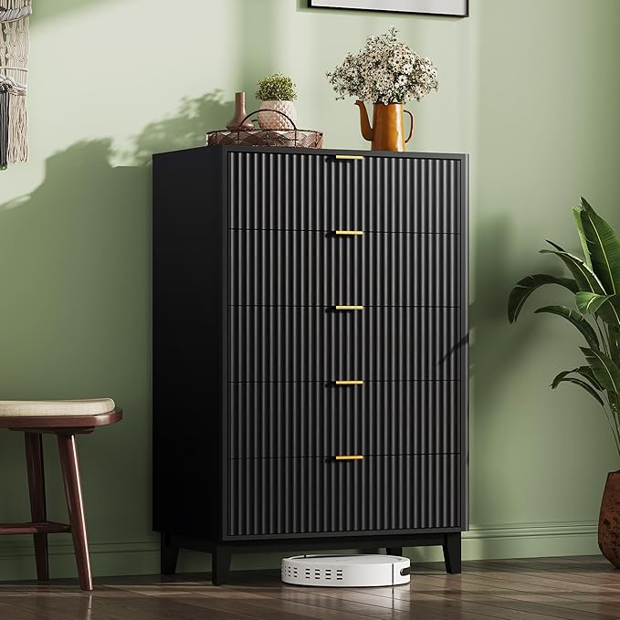 WLIVE Fluted Dresser for Bedroom with 5 Drawers, 46.26" Tall Wooden Dresser with Golden Metal Handles, Mid Century Modern Chest of Drawers for Living Room, Hallway, Closet, Solid Black