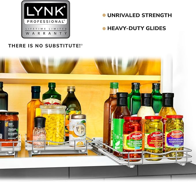 LYNK PROFESSIONAL® Pull Out Spice Rack Organizer for Inside Kitchen Cabinets - 10-3/8 inch Wide - Slide Out Drawer – Chrome Sliding Spice Cabinet Organization Shelf Racks - 1 Tier