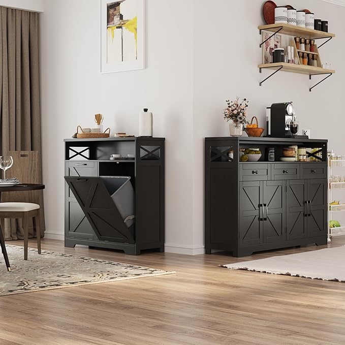 Double Tilt Out Trash Can Cabinet for 13 * 2 Gallon Garbage Can, Farmhouse Kitchen Garbage Trash Bin for Hidden Laundry Basket, Dual Dog Proof Recycling Cabinet for Dining Living Room, Black