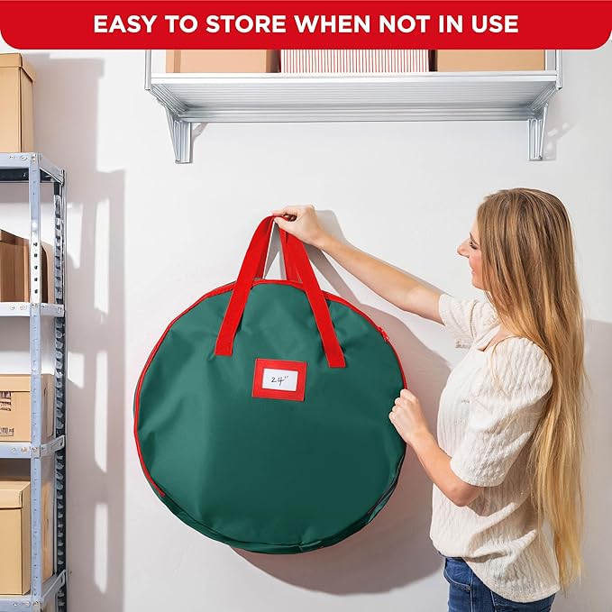 HOLDN’ STORAGE Premium Wreath Storage Bag - Durable Material - Waterproof - Heavy-duty Christmas Storage Container for Xmas Wreath with Dual Zipper Closure, Tear-proof, 24"W x 7"D - Green