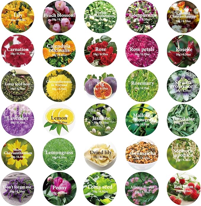 30 Bags Dried Flowers,100% Natural Dried Flowers Herbs Kit for Soap Making, DIY Candle Making,Bath - Include Rose Petals,Lavender,Don't Forget Me,Lilium,Jasmine,Rosebudsand More