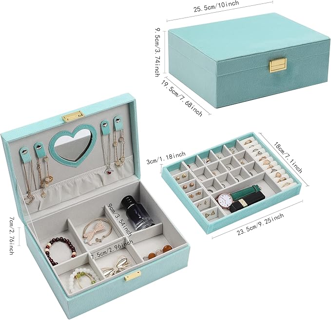 Dajasan Jewelry Boxes for Women Girls, Jewelry Organizer Box, 2-Layer Large Velvet Jewelry Box for Rings Necklaces Bracelets Watch Earring (Green)