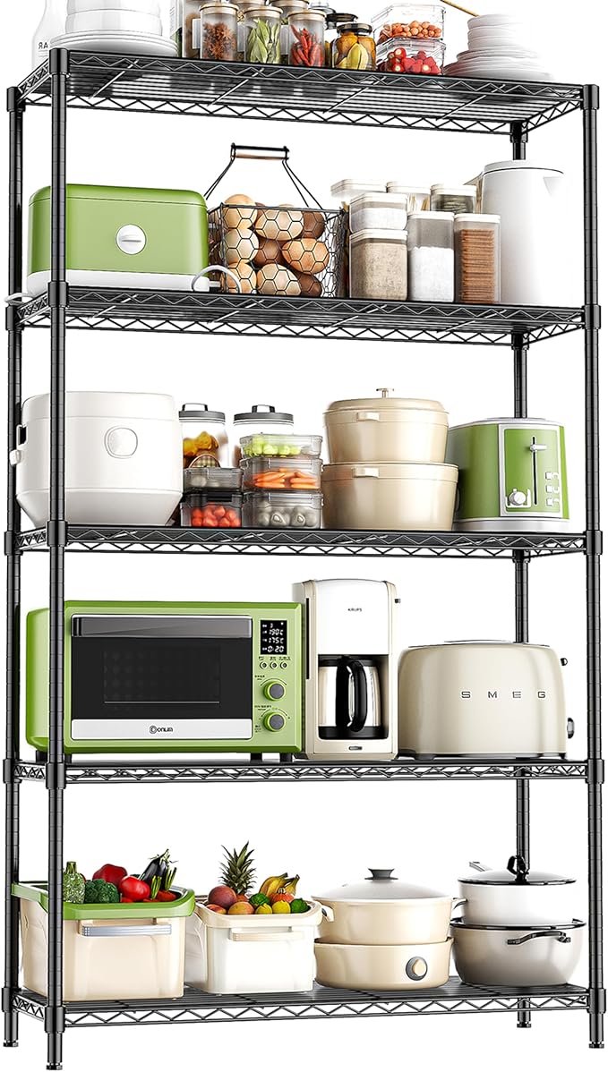 RackBro 5-Tier Storage Shelves 72" H Wire Shelving, Adjustable Metal Shelving Pantry Shelves, 1325LBS Heavy Duty Rack with Shelf Liners for Garage Commercial Kitchen, 36" W x 14" D x 72" H, Black