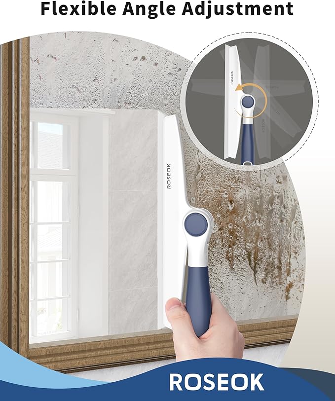 ROSEOK All-Purpose Silicone Squeegee for Shower Glass with Adhesive Hook, Pivoting Head, 10 Inch, Navy Blue, 1 Pack
