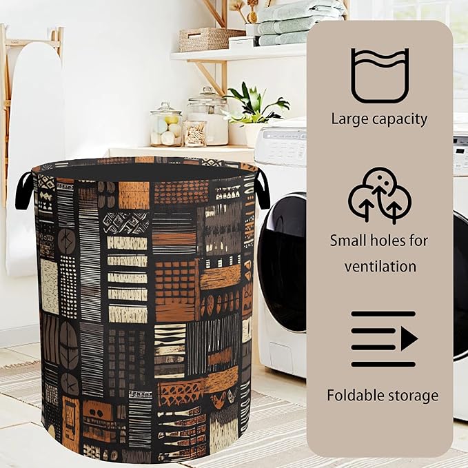 African Style Brown Orange Laundry Basket - Heavy Duty 60L Dirty Clothes Organizer, Water Resistant Foldable Hamper for Men Women