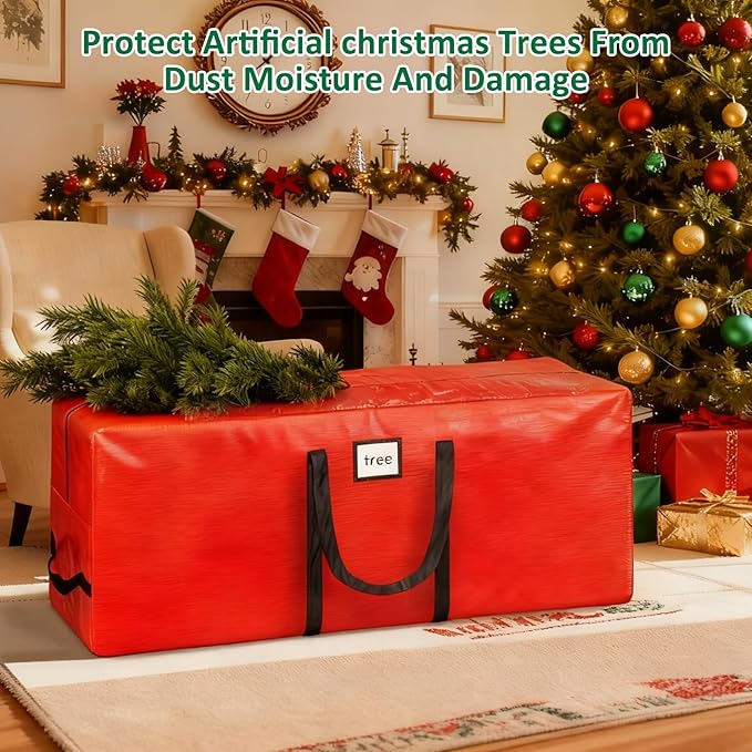 HABGP 9 ft Christmas Tree Storage Bag, Fits Artificial Xmas Holiday Tree, Durable Christmas Tree Storage Box Waterproof Material with Zippered Bag & Carry Handles, Protects from Dust, Moisture - Red