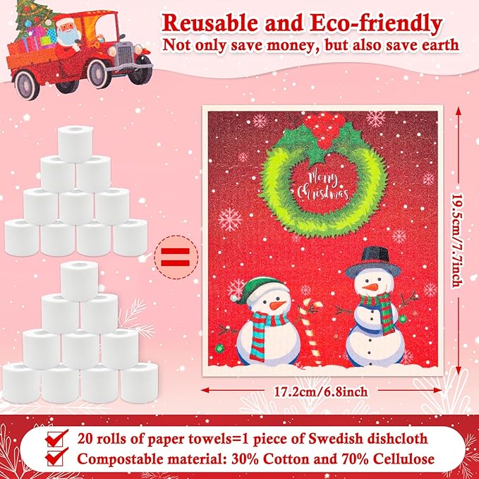 Lucomb 8 Pack Christmas Swedish Dishcloths Reusable, Kitchen Sponges Soft Absorbent Swedish Towels Dish Cloths Washable Decorative for Kitchen Washing Dishes Bathroom Office Hand Towel Cleaning