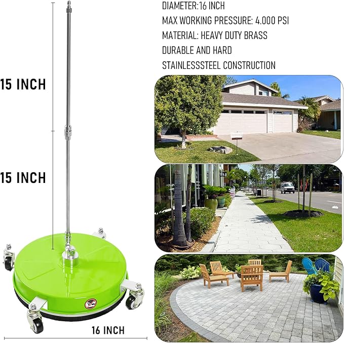 Wexo Palindrog 16" Pressure Washer Surface Cleaner with 4 Wheels, Coated Green Stainless Steel Power Washer Surface Cleaner for Driveway Sidewalk Patio, 1/4" Quick Connector 2 Extension Wand, 4000 PSI