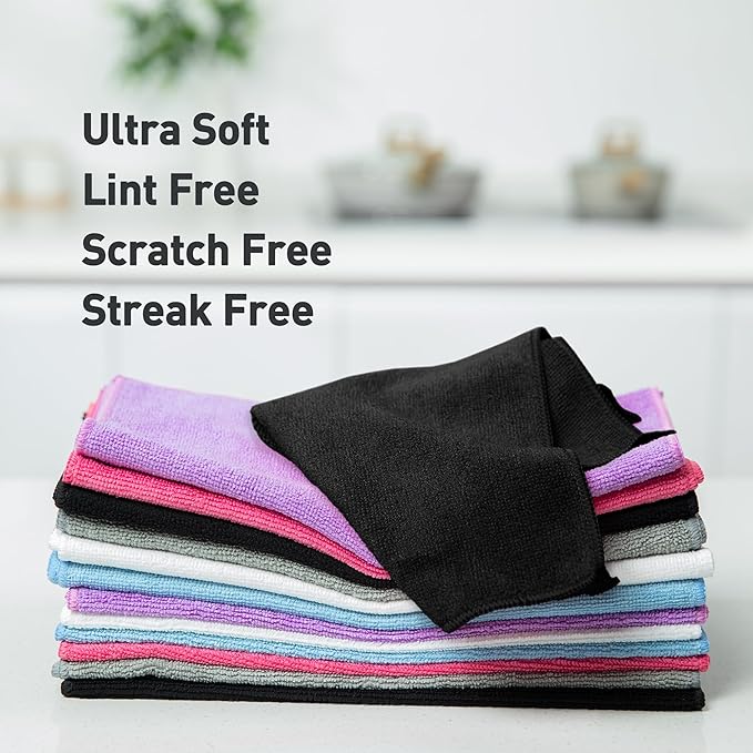 WEAWE Black Microfiber Cleaning Cloth 13"x13", Ultra Soft Absorbent Microfiber Cleaning Rags for Housekeeping Cleaning Supplies, Lint Free Reusable Cleaning Cloths for House Washable, Pack of 12