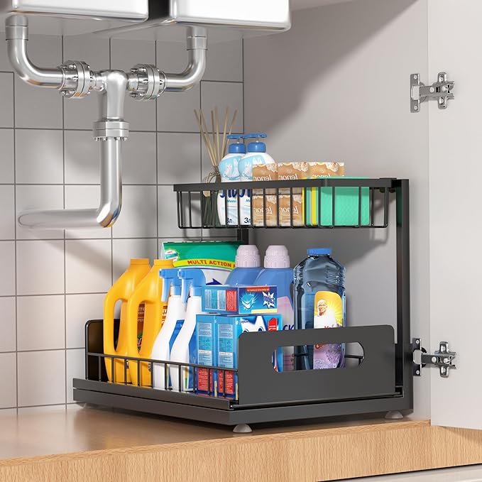 MERATIA Under Sink Organizer, 2 Tier Pull Out Cabinet Organizer,Slide out Metal Cabinet Organizers Multi-Purpose Drawer Shelf for Kitchen Bathroom Pantry Cabinet Closet Organization Rack,Black