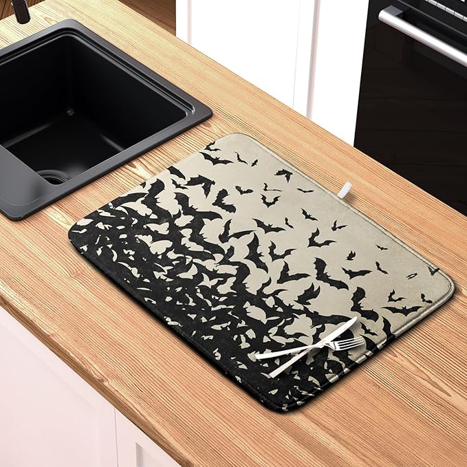 Kwlegh Halloween Bats Halloween Dish Drying Mat for Kitchen Counter 18x24 Inch Microfiber Absorbent Drying Mats Washable Dishes Drainer Mats Reusable Dish Rack Pad for Coffee Bar