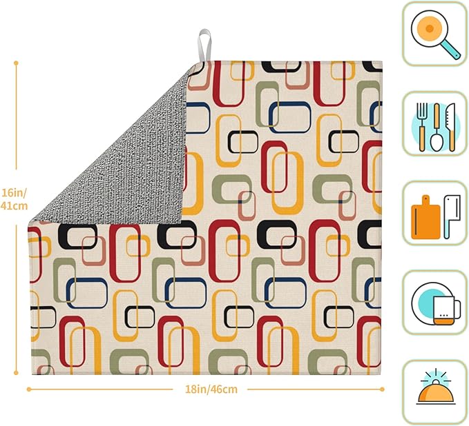 Mid Century Modern Retro Dish Drying Mat for Kitchen Counter Washable Absorbent Reversible Microfiber Vintage Decorative Drying Pad Kitchen Accessories 16x18 Inch