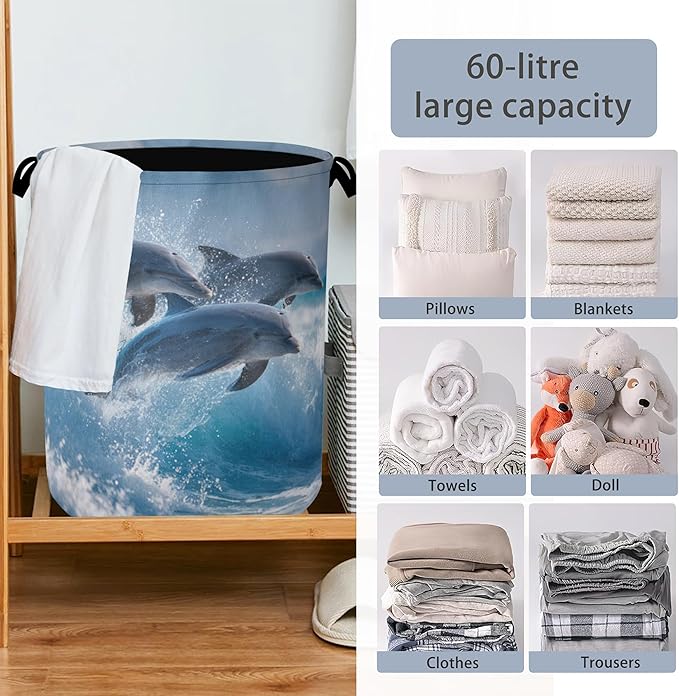 Dolphin Laundry Basket,Ocean Foldable Oxford Cloth Tote Bag Laundry Hamper Clothes Storage Bucket Organizer for Bedroom Laundry Storage Dormitories 16" x 20.8"