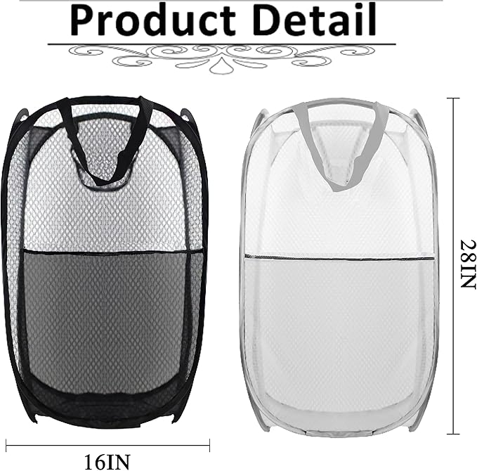 Buyongwant Collapsible Pop Up Laundry Hamper, Extra Large Mesh Foldable Laundry Basket, 28" x 16" x 16", 2 Pack (Black + Grey)