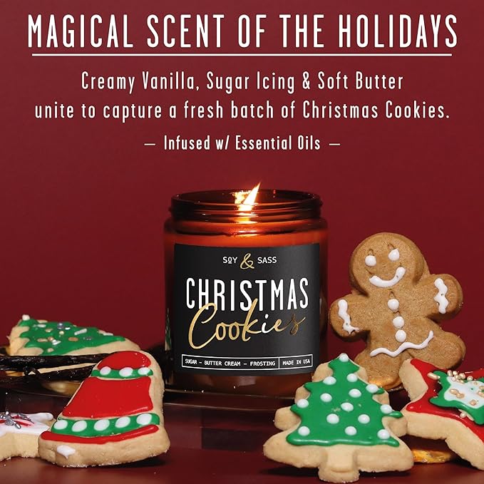 Christmas Cookie Candle, Cookie Candle – ‘Christmas Cookies’ Soy Candles, w/Sugar, Butter & Vanilla - Infused with Essential Oils I Christmas Candles I 9oz, 50Hr, Made in USA