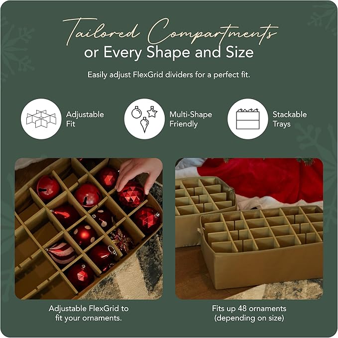 Covermates Keepsakes Adjustable Ornament Storage Bag – Heavy-Duty Polyester, Padded Dividers & FlexGrid Trays – Protective Holiday Ornament Organizer with Handles & Label Window, Red