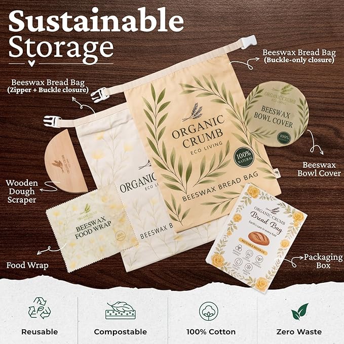 Organic Crumb Reusable Bread Bags for Homemade Bread (5 in 1) – 2 XL Cotton Beeswax Bags, Reusable Beeswax Wrap, Bowl Cover & Dough Scraper – Eco-Friendly Storage for Sourdough Bread Bags.