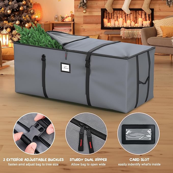 Mrrihand Christmas Tree Storage Bag, Large Artificial Christmas Tree, Anti-Tear Heavy-Duty 600D Oxford Cloth Christmas Tree Storage Box with Handles, Christmas Tree Storage Container (Grey, 9Ft)