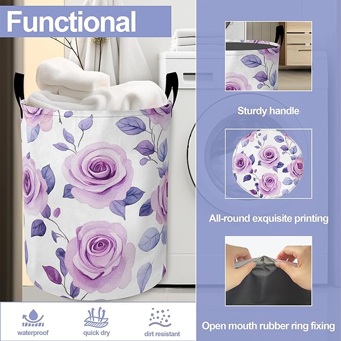 Retro Purple Butterfly Laundry Basket-Large Foldable Hamper Holder Portable Tall Collapsible Laundry Hamper Storage Basket Bin with Handles, Canvas & Waterproof lining for Household Items