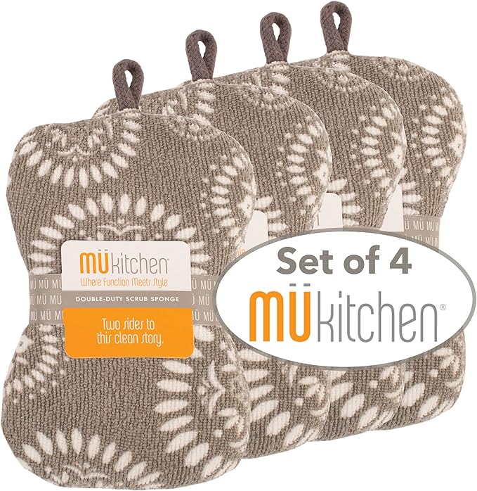 MÜkitchen Premuim Sponge for Dishes and Household Cleaning | Microfiber Print and Non-Scratch Scrub Pad | Set of 4 | (Medallion)