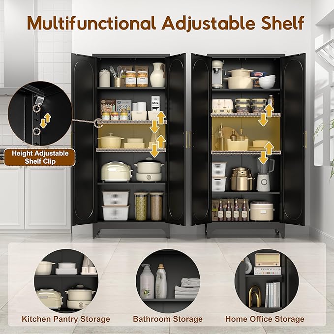 75" Tall Pantry Storage Cabinet, Tall Kitchen Pantry Storage Cabinet with Doors and 4 Adjustable Shelves, Freestanding Cupboard for Kitchen, Dining Room, Living Room, Bathroom, Black