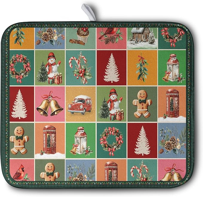 Kwlegh Christmas Dish Drying Mats for Kitchen Counter Cute Xmas Holiday Dish Drainer Pad Microfiber Absorbent Winter Dish Draining Mat Washable Dish Drainer Rack Mat Medium 16x18 Inch