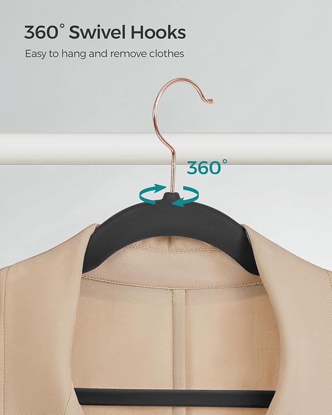 SONGMICS Slim Velvet Hangers, Non-Slip Clothes Hangers with Rose Gold Swivel Hooks, Space-Saving, for Closet, 50 Pack, Black UCRF026B50