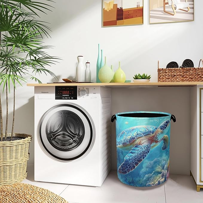 SeaTurtle Ocean Laundry Hamper,Coral Dirty Clothes Laundry Basket with Handles Waterproof Oxford Cloth Storage Basket for College Dorms Bathroom Bedroom 16" x 20.8"