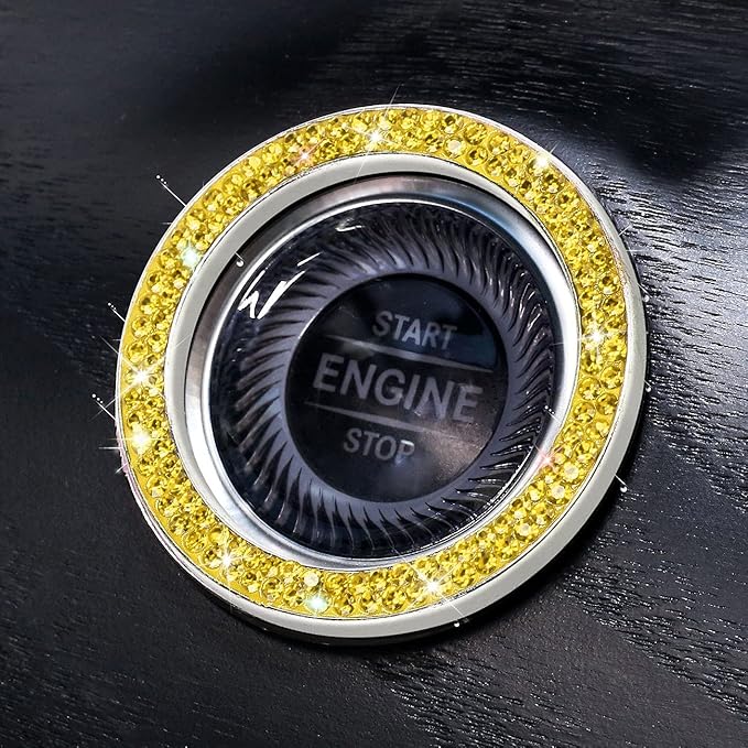 ToBeQueen Bling Car Crystal Rhinestone Ring Emblem Sticker, Car Interior Decoration, Bling Car Accessories for Women, Push to Start Button, Key Ignition Starter & Knob Ring Yellow