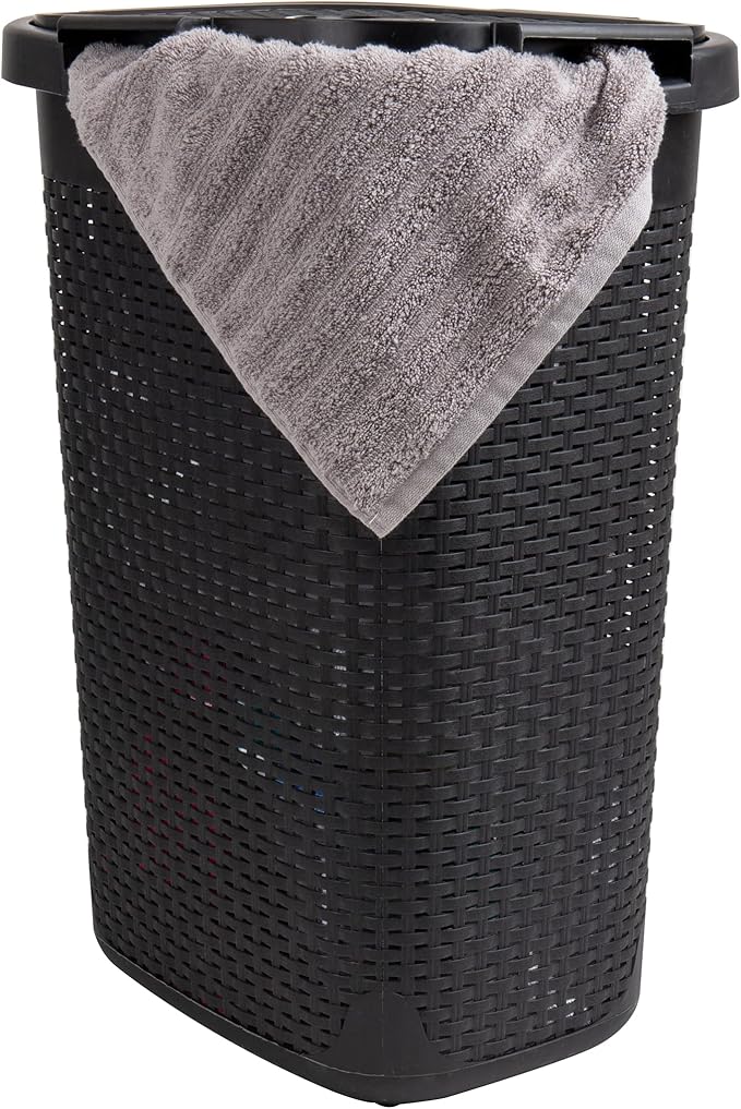 Mind Reader Slim Laundry Hamper with Lid, 60L Clothes Baskets, Premium Wicker Design, Plastic, 2-Pack, Black