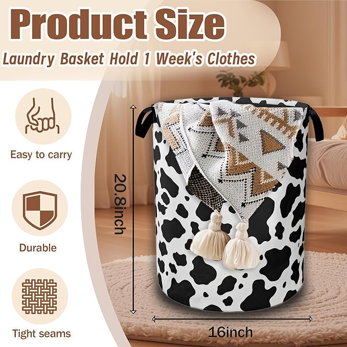 Cow Print Laundry Basket,Waterproof Foldable Laundry Hamper,Dirty Clothes Basket, Linen Bin Storage Organizer Collection 16" x 20.8"
