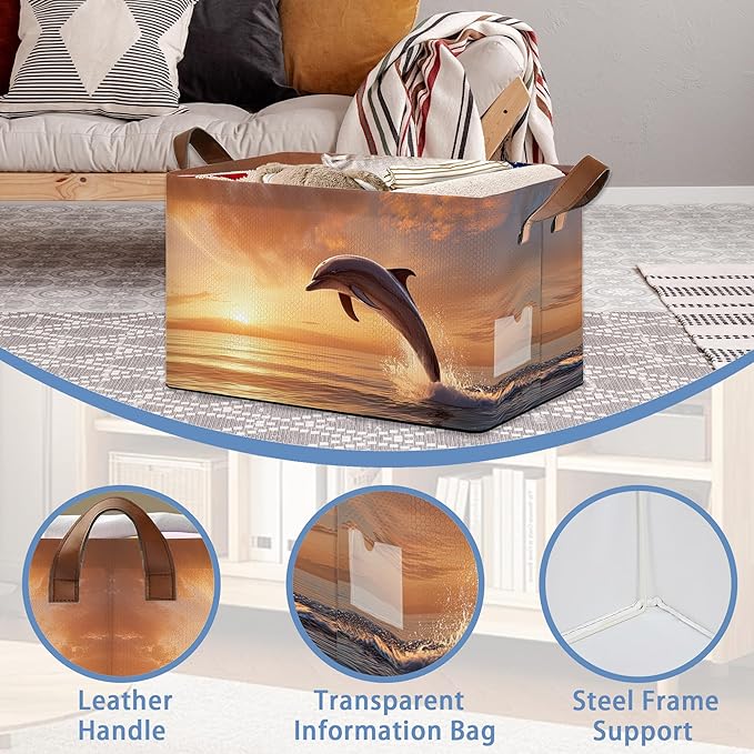 Dolphin Ocean Storage Basket,Sunset Collapsible Storage Bin Cubes for Living Room Bedroom Blankets Home Storage 17x11.5x10Inch
