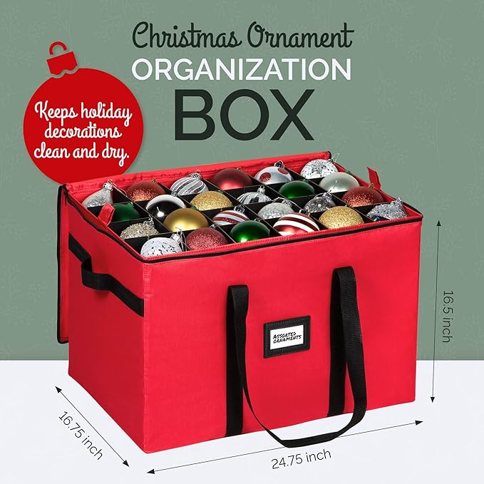 Christmas Ornament Storage Container,Box Stores Up to 96, Adjustable Dividers, Large Organizer Bin to Protect and Store Holiday Décor