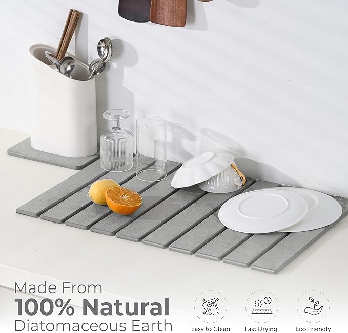 Large Stone Dish Drying Mat for Kitchen Counter, 2PCS Quick Dry Stone Dishes Mats, Foldable Water Absorbing Diatomaceous Earth Drying Pad for Bottles Dish Cups(Light Gray 24"×16" & 8"x5")