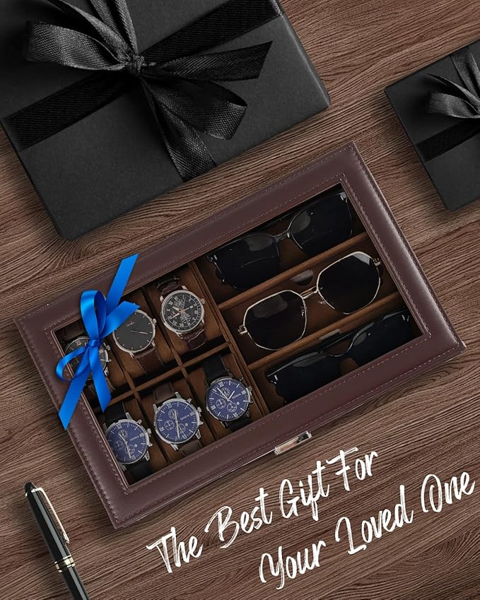 Jenseits Watch Organizer & Jewelry Box for Men – 6 Watch Slots, 3 Sunglass Slots, Drawer for Rings, Bracelets & Cufflinks, 2-Layer Leather Watch Display Case w/Glass Lid, Gift for Men & Women, Brown