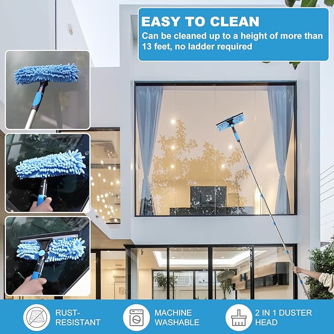 High Reach Duster Kit with14 ft Extension Pole High Ceiling Dusting and Window Cleaning Kit with Spliceable Pole - Cobweb Duster, Fan Blade, Window Washer & Squeegee and Feather Dusters