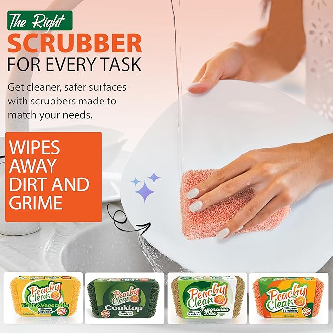 Peachy Clean Silicone Dish Sponge Scrubbers, Fresh Peach Scent, Non-Scratch, Odor-Resistant, Durable Dish Sponges for Kitchen 3pk