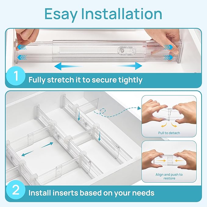 Vtopmart 2.36” Drawer Dividers with Expandable Inserts, 12.8"-22.3" Adjustable Kitchen Drawer Organizer, Clear Plastic Organizer Separator for Flatware, Utensil, Cutlery, 8 Dividers with 14 Inserts