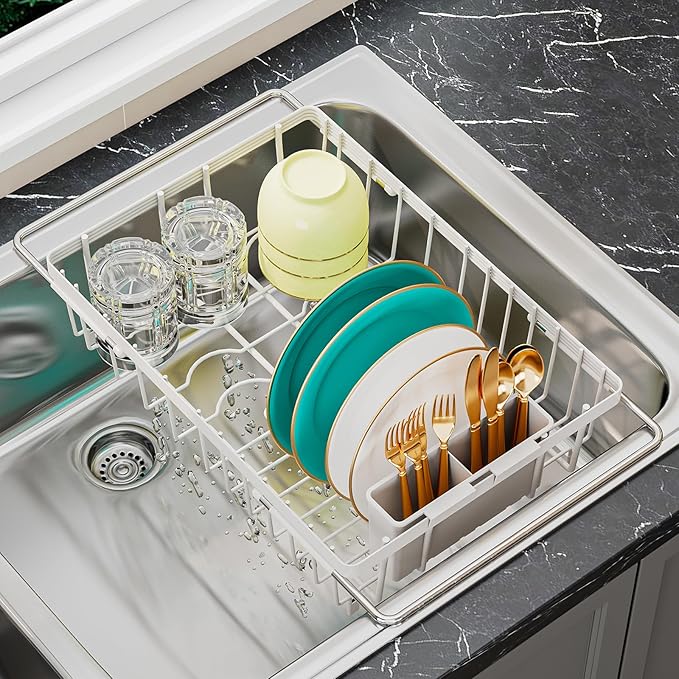 HANLE Small Dish Drying Rack in Sink, Expandable Stainless Steel Dish Drainers for Kitchen Counter, with Drain Board & Utensil Holder(White)