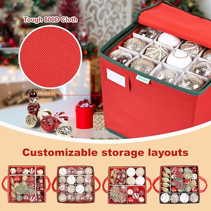 Christmas Ornament Storage Box High Capacity Decoration Organizer Holds Up to 64 Ornaments Decoration Balls Holiday Storage Case with Lid Large Foldable Storage Case for Sundries or Clothes (Red)