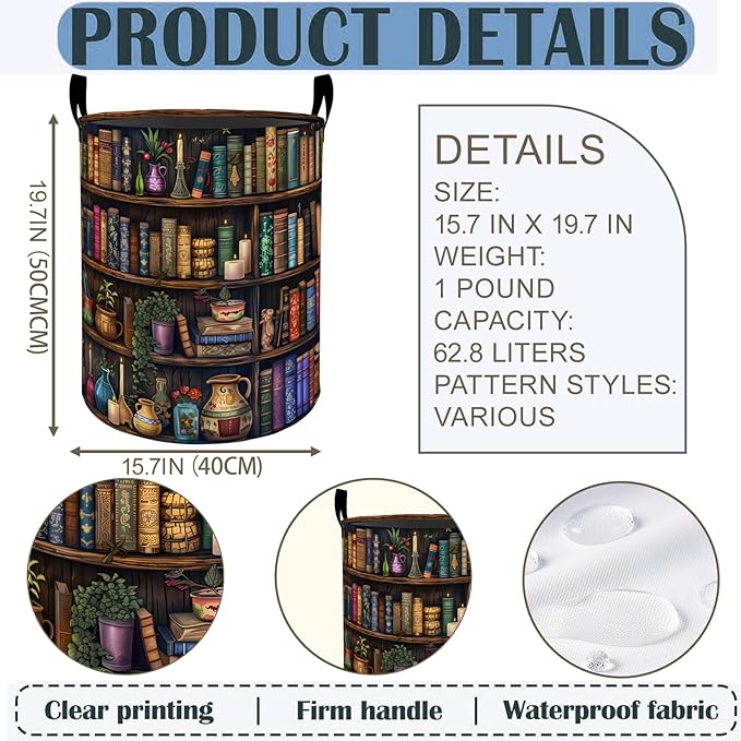 Bookshelf Laundry Basket Hamper 19.7"x15.8", Retro Library Foldable Waterproof Oxford Clothes Storage Bucket for Room Bathroom Bedroom Nursery Decor, Toy Organizer Bins Gifts for Kids Boys Girls
