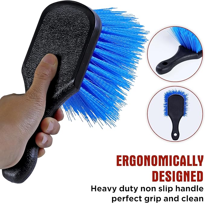 TAKAVU Short Handle Wheel Tire Brush & Included Detail Brush - Car Cleaning Kit for Rims, Tires, Interior Vents, Emblems - Scratch-Safe (Blue - Stiff Bristle)
